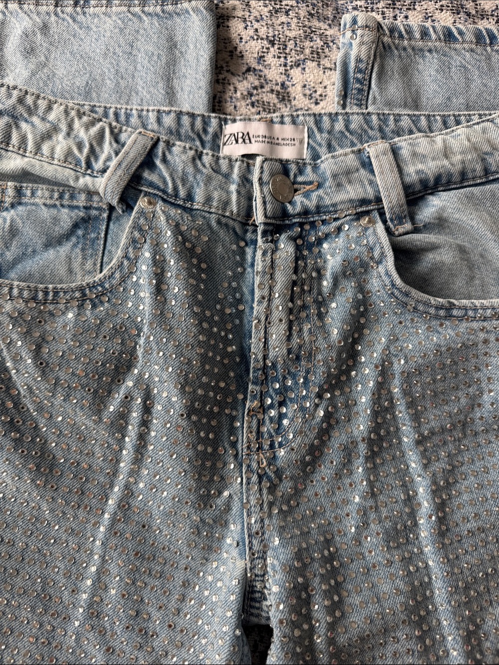 ZARA Light Blue High-Rise Rhinestone Jeans